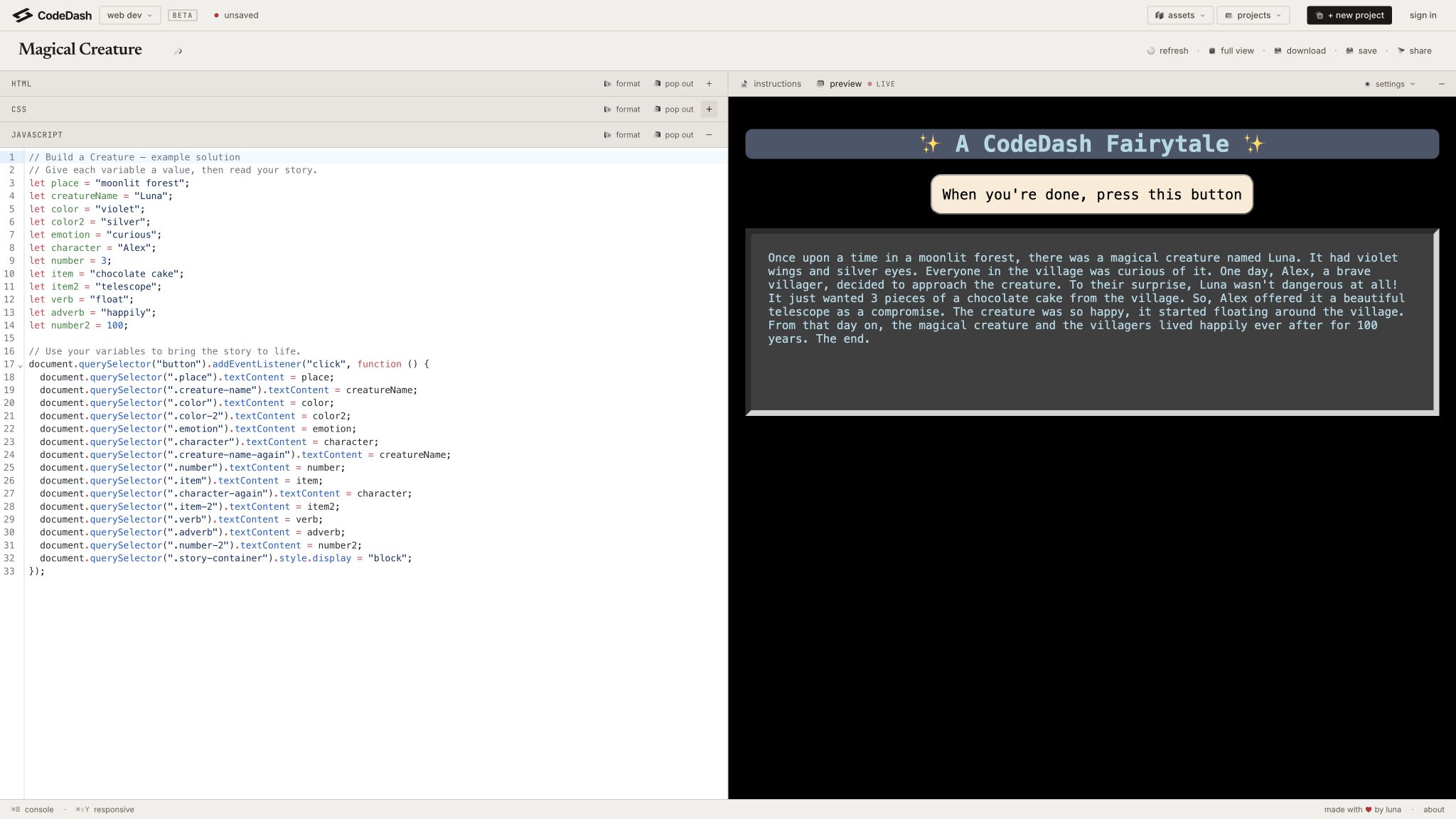 CodeDash showing JavaScript variables beside a completed Magical Creature story
